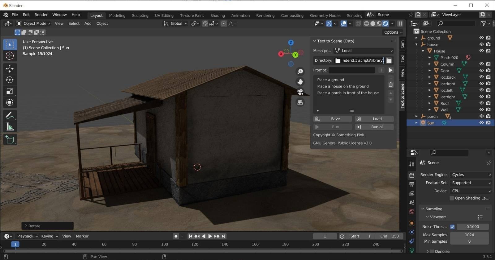 A house with a porch on a muddy ground surface in Blender.